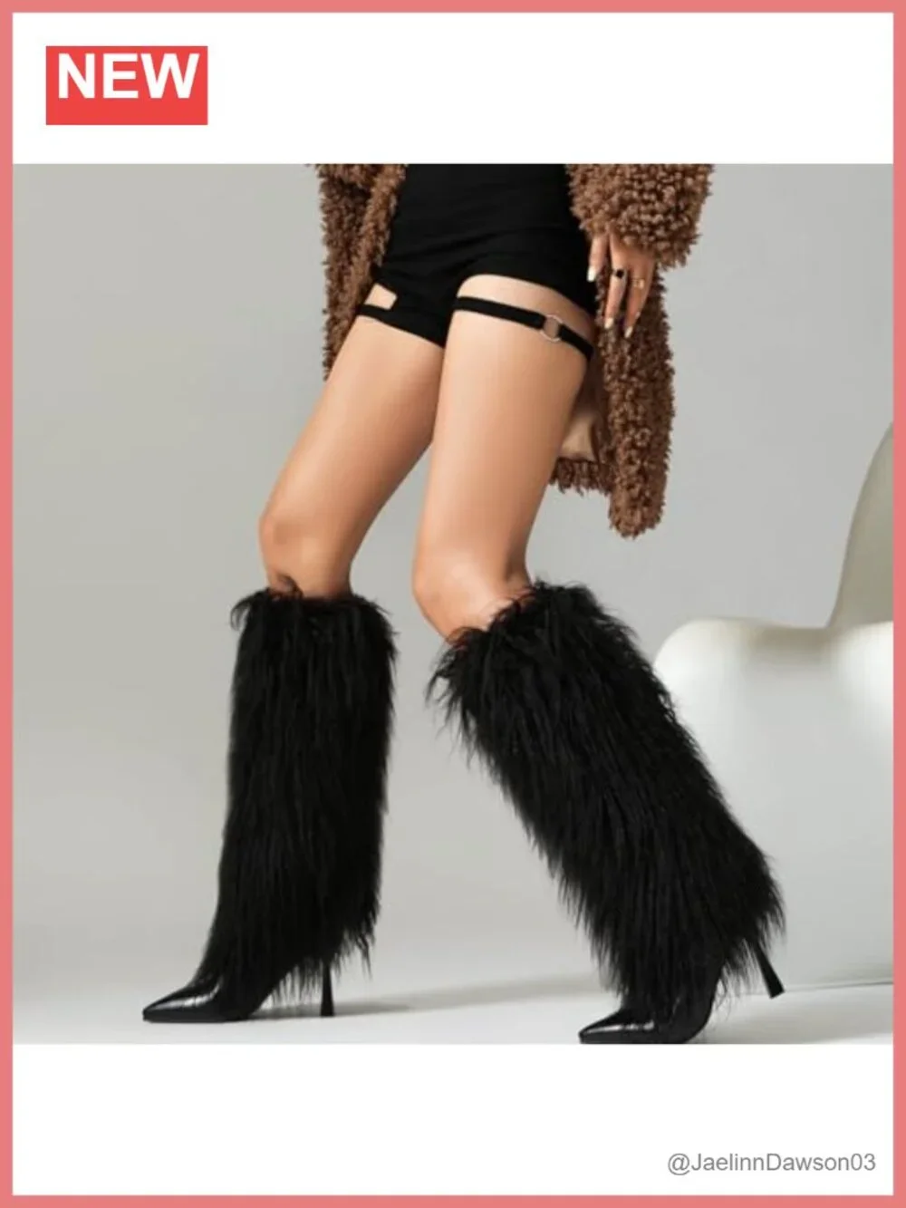 Faux Fur Trimmed Knee High Boots Stiletto Heel Fringe Side Zip Patent Leather